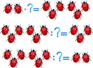 Action relationship of division and multiplication, examples with ladybirds.