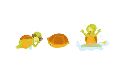 Funny Turtle or Tortoise with Shell Drinking Cocktail and Swimming Vector Set