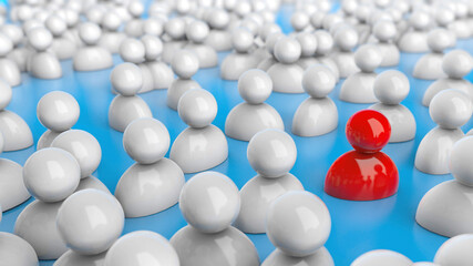 Staff recruitment, HR. Crowd of people and one special red leader. Blue background. 3d render
