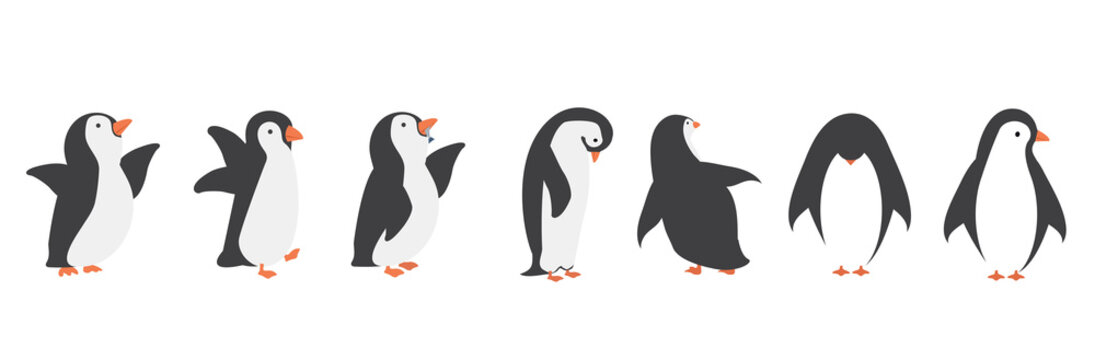 Happy penguin cartoon characters in different poses set