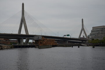 View of the Leonard P. Zakim Bunker Hill Memorial Bridge over the Charles River in bad weather