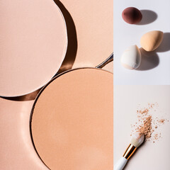 collage of face powder, makeup sponges and cosmetic brush on white background