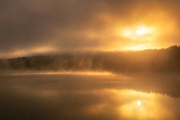 Fototapeta premium Ethereal moody sunrise with fog and steam being illuminated over a lake, as a bird flies across the water. Croton Gorge Park New York.
