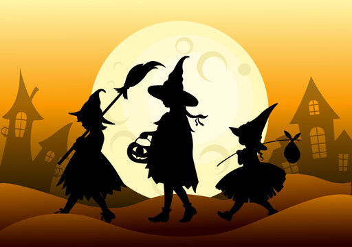 Three little witches on Halloween night.  Vector illustration.