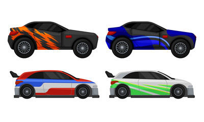 Bright Sports Car Models Side View Vector Set