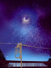 landscape of crescent moon, electric pole and old bridge in starry night sky