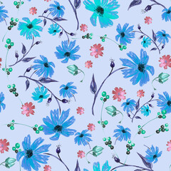 Vintage seamless watercolor pattern of plants. Herbs, flowers, chamomile, flowers watercolor. abstract splash of paint. flowers dandelion, sunflower, leaves, calendula.chamomile, daisy, acorn, walnut