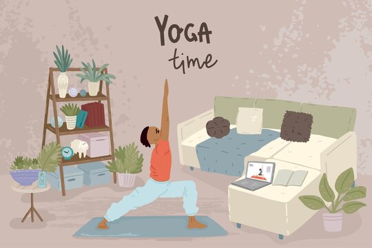 Man doing yoga activity at home. View a yoga lesson online on a computer. A lesson with an instructor from home. Vector illustration
