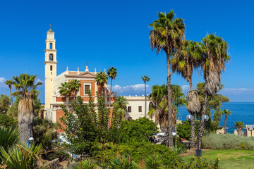 Old City of Jaffa historic quarter with Abrasha Park and St. Peter Church at Kikar Kdumim square...