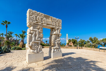 Replica of ancient Egyptian Ramses II gate in Sha’ar Ra’amses Garden in Old City of Jaffa...