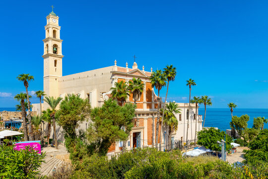 Old City of Jaffa historic quarter with St. Peter Church at Kikar Kdumim square and Segev street in Tel Aviv Yafo, Israel