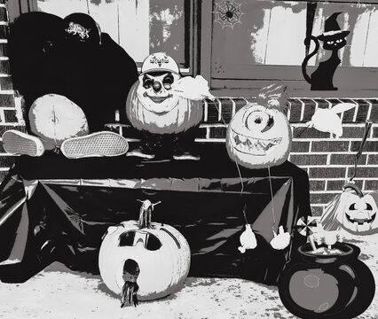 Trick-or-treating peeking pumpkin and friends hangout for Halloween illustrated in black and white.