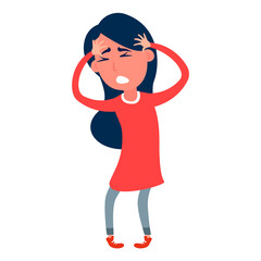 Headache. The woman having headache, migraine. Flat design vector illustration. Closeup Picture Of a Girl Suffering From Head Migraine
