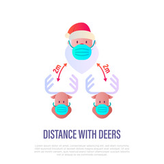 Santa Claus and deers in surgical masks, social distancing. Protection from covid-19. Christmas in new normal. Flat gradient icon, vector illustration.