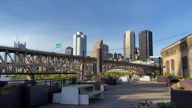 PITTSBURGH - Circa October, 2020 - An establishing shot of the iconic Pittsburgh skyline as seen from the newly-developed Highline on an early Autumn evening.  	