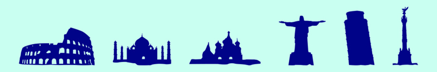 set of landmark buildings cartoon icon design template with various models. vector illustration isolated on blue background