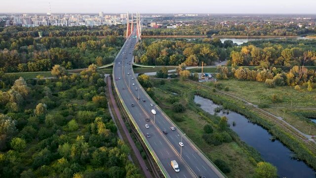 4K drone footage of Trasa Siekierkowska street and Siekierkowski Bridge in Warsaw, capital city of Poland