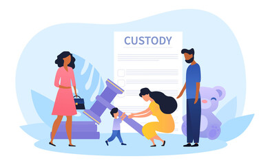 Fototapeta premium Child custody or adoption abstract concept with social worker and young multiracial couple adopting child. Flat vector cartoon illustration with fictional characters.