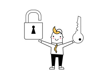 Businessman character with a lock and a padlock, vector illustration for graphic, flat with outline design style minimal