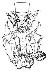 Fototapeta na wymiar Fairytale character, magic creature, cute elf-vampire, baby Count Dracula in dressed for Halloween, in cylinder with long sharp ears, chubby cheeks and little fangs, with big wings and rose in hands.