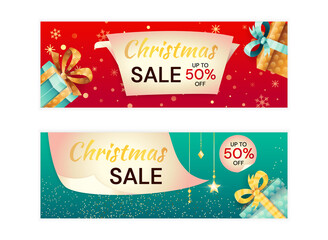 Set of two christmas sale cards or banners templates. Cartoon vector illustration