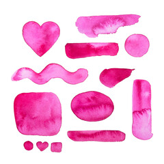 Set di pennellate dipinto acquerello rosa, cuore, San Valentino. Banner. Cartolina.