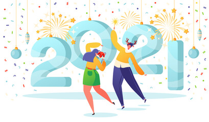 New Year celebration concept. Against the background of big beautiful figures 2021,  couple of joyful cartoon characters, man and woman dancing. Fireworks and confetti are sparkling around them.