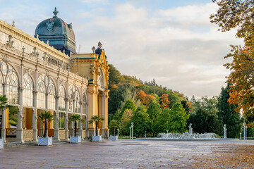 Autumn in spa town Marianske Lazne (Marienbad) - main colonnade and singing fountain - Czech Republic - Europe