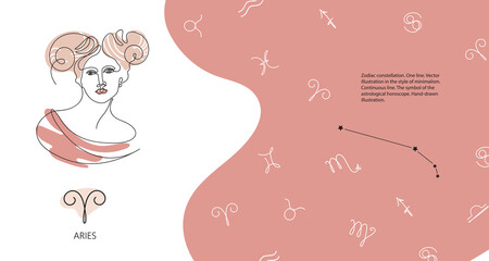 Zodiac background. Aries constellation. Horizontal banner. One line.
