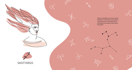 Zodiac background. Constellation Sagittarius. Horizontal banner. One line.