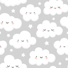 Cloud and Stars Cute Seamless Pattern, Cartoon Vector Illustration, Cartoon Background