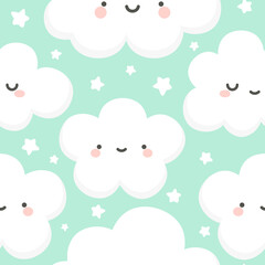 Cloud and Stars Cute Seamless Pattern, Cartoon Vector Illustration, Cartoon Background