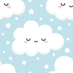 Cloud and Stars Cute Seamless Pattern, Cartoon Vector Illustration, Cartoon Background