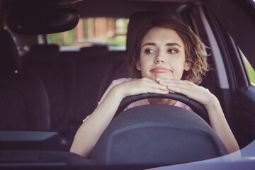 Photo of exhausted girl ride drive car stuck traffic jam hold hand steering wheel look front window think when it will end in city center