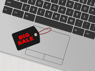 Computer keyboard and black tag with the inscription 'Big sale'. Online shopping concept. Vector illustration