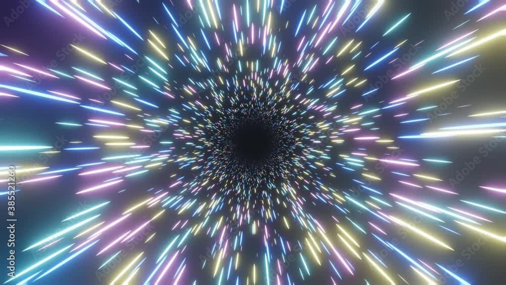 Poster looping space travel with hyper speed. a multicolor beam of stars in the universe while moving at th