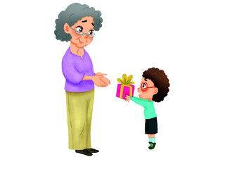 old cute grandmother gets a gift from cute little grandson