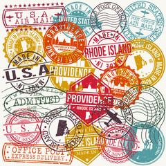 Providence Rhode Island Set of Stamps. Travel Stamp. Made In Product. Design Seals Old Style Insignia.