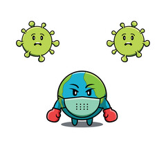 Illustration of Earth Character Wearing Boxing Gloves Fighting The Terrified Viruses