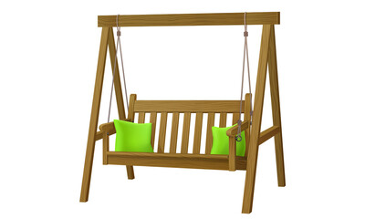 classic outdoor garden wooden hanging on frame porch swing bench furniture with ropes and two green pillows isolated on white background. 3d vector illustration