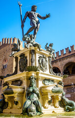 famous neptune well at the old town of Bologna in italy