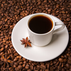 A cup of coffee on the background of coffee beans.
