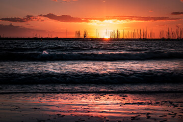 Naklejka premium The Beautiful Landscape of Sea or Ocean with Waves at Sunset in St Kilda Beach in Melbourne in Australia, Nature Image, Nobody