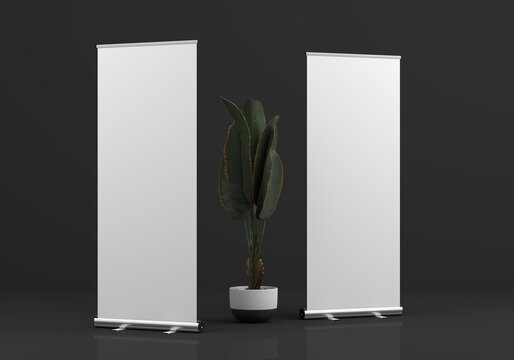 Roll Up Banner Stand Mockup. 3D rendering.