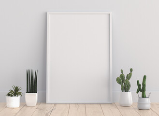 Interior blank photo frame mock up with plant pot