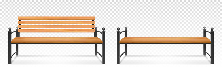 Wooden bench for park or garden. Vector realistic set of outdoor furniture for seat, bench from wood and metal for comfortable rest outside isolated on transparent background
