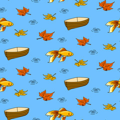 Vector seamless pattern with cute fish, boat and autumn leaves falling down