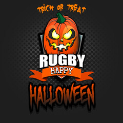 Happy Halloween. Template rugby design. Logo rugby ball in the form of a pumpkin on an isolated background. Pattern for banner, poster, greeting card, flyer, party invitation. Vector illustration