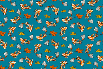 Vector seamless pattern with cute orange carp fish and autumn leaves floating