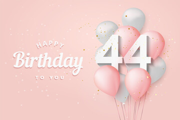 Happy 44th birthday balloons greeting card background. 44 years anniversary. 44th celebrating with confetti. Vector stock